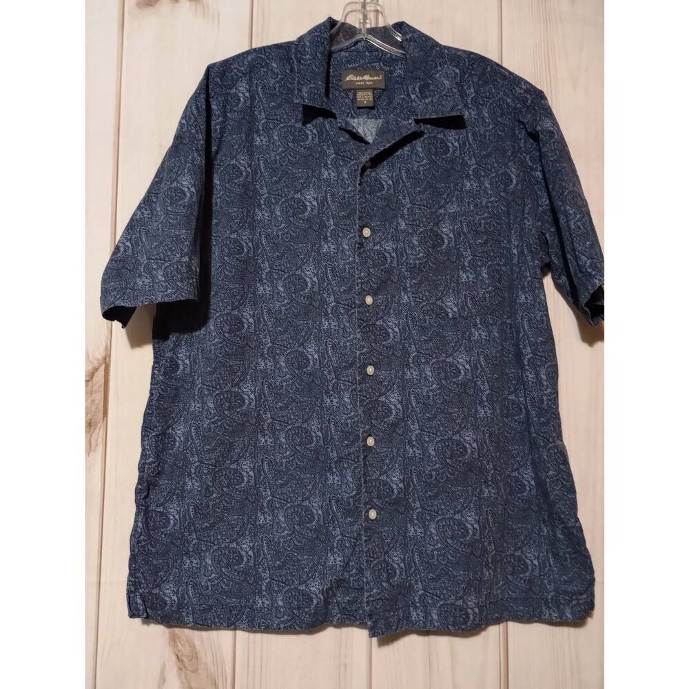 Eddie‎ Bauer Mens Blue Paisley Short Sleeve Button Down Cotton Camp Shirt Size M